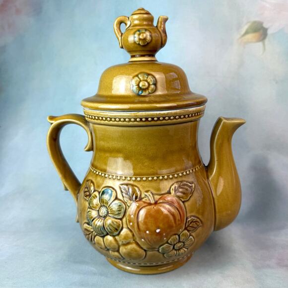 Vintage 70s Teapot Shaped Floral Fall Pumpkin Crackle Finish Ceramic Cooke Jar - Picture 3 of 9